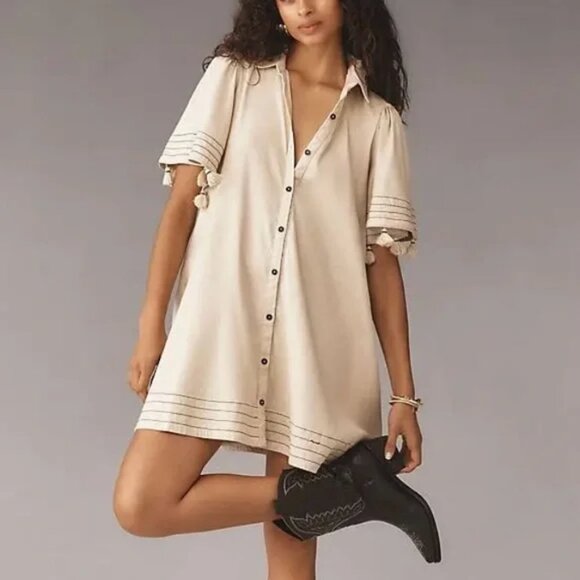 NWT Anthropologie Maeve Collared Linen Blend Button-Front Tassel Mini Dress Med - Picture 1 of 6